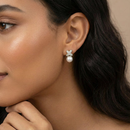 Crystal Cross Pearl Earrings